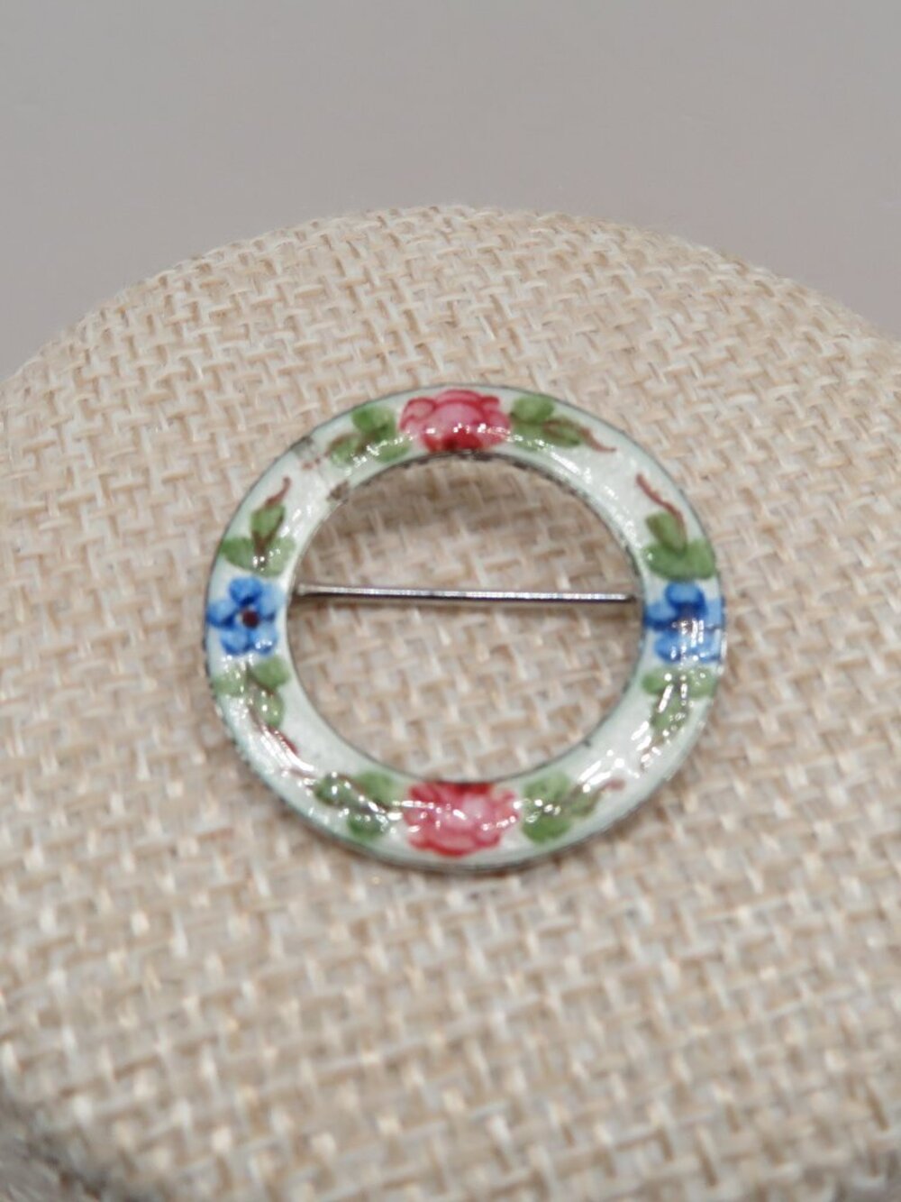 Vintage Lamode Sterling Guilloche Enamel Floral Circle Pin Brooch
